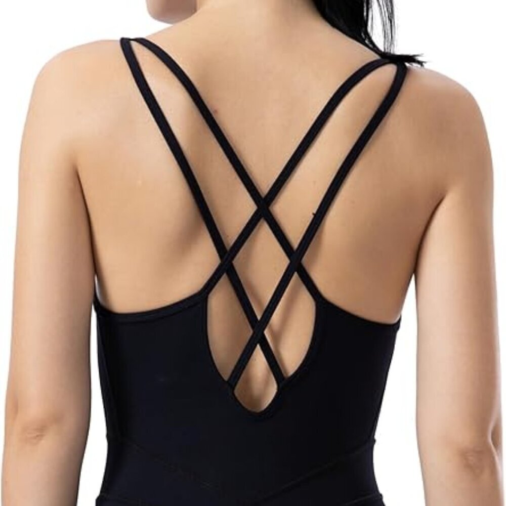 LOVESOFT Black Bodysuit with Mesh Cutouts and Criss-cross Straps - Picture 2 of 10